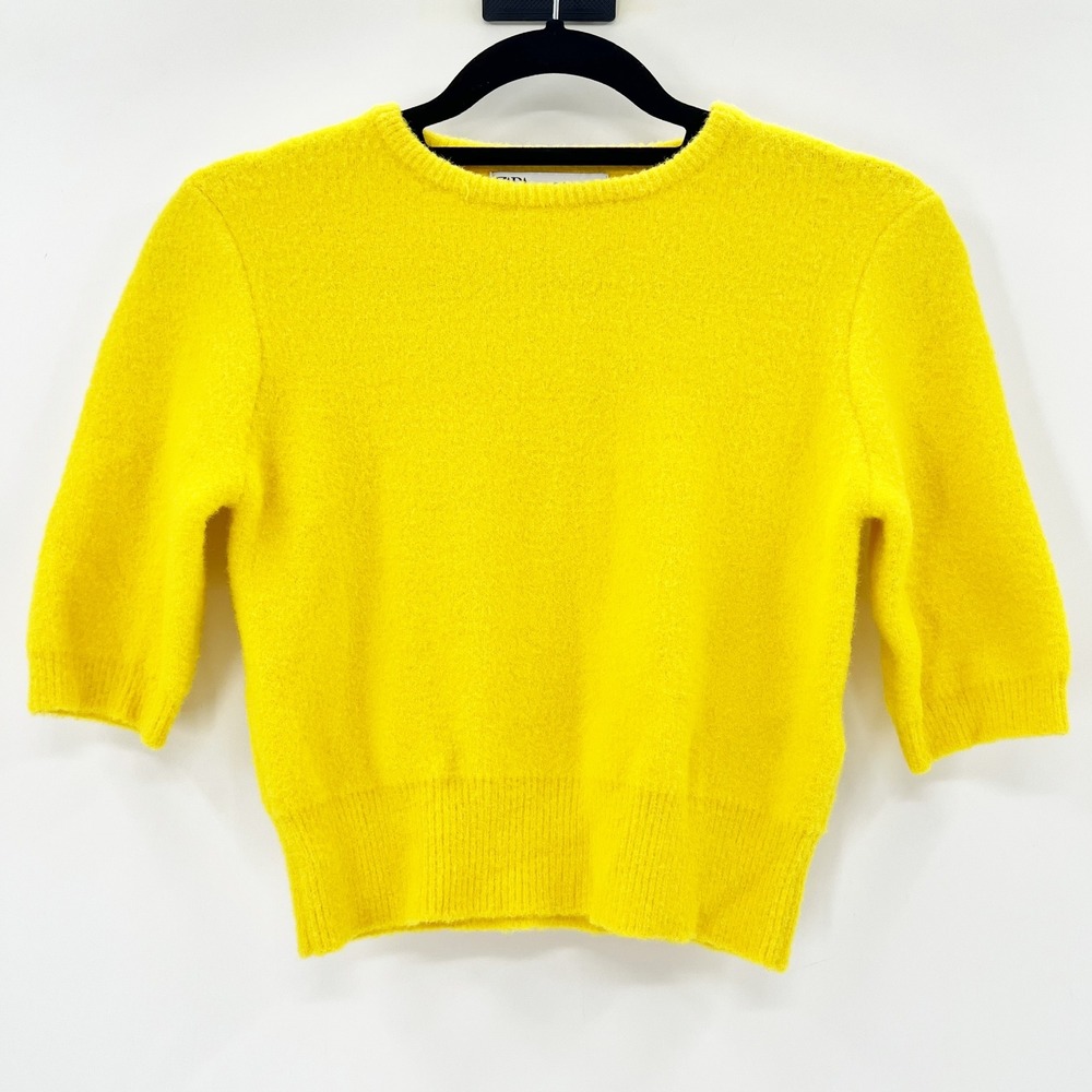 Zara Womens Yellow Fuzzy Knit Cropped Sweater Short Sleeve Crew Neck Small